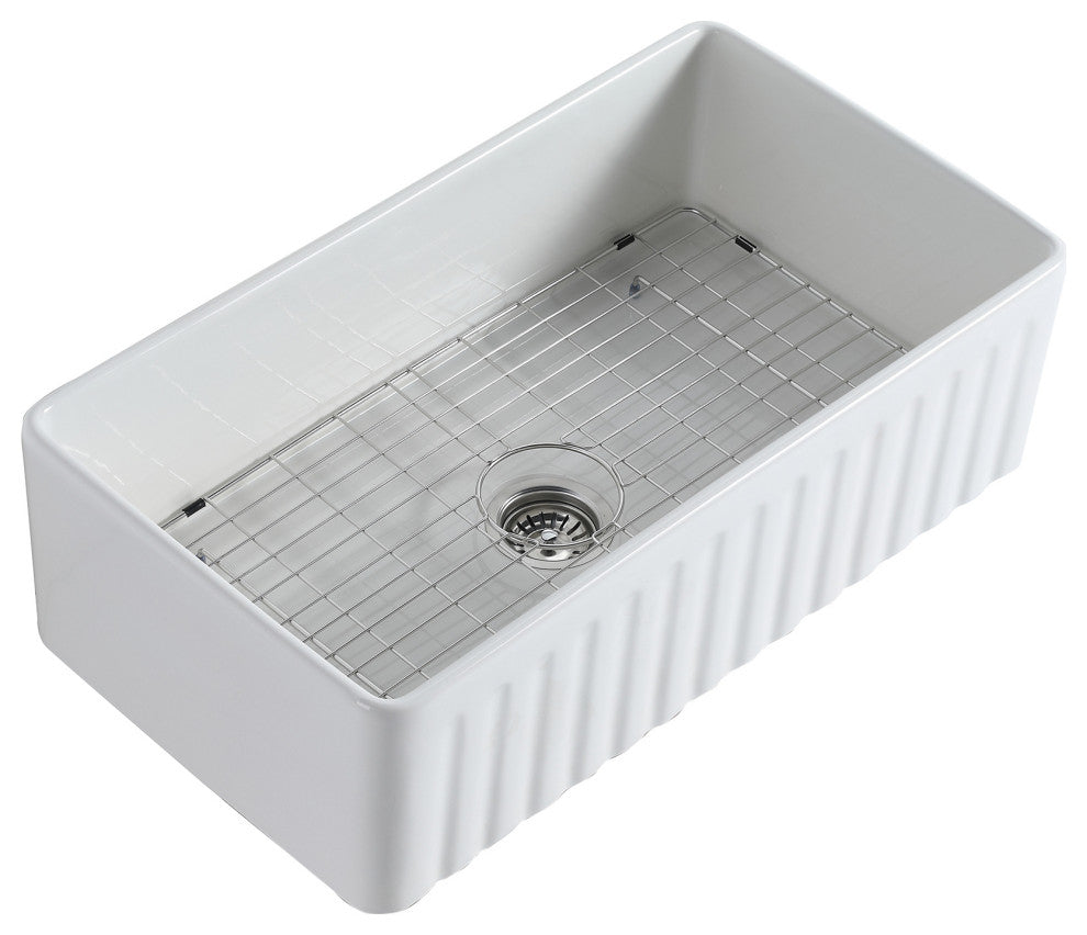 White Fireclay 33 in. Single Bowl Farmhouse Apron Kitchen Sink with Accessories,