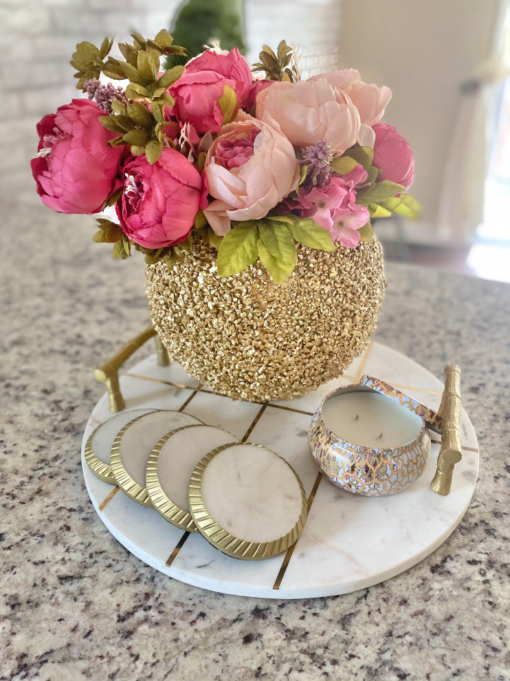Round Marble White Tray with Gold Handles and Inlay Strips