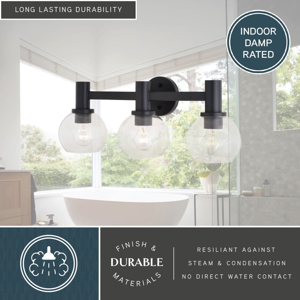 Marshall 3 Light Black Transitional Bathroom Vanity Wall Fixture Clear Glass