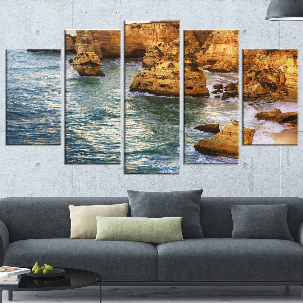 "Golden Rocks and Beach At Algarve" Seashore Wall Art, 5 Panels, 60"x32"