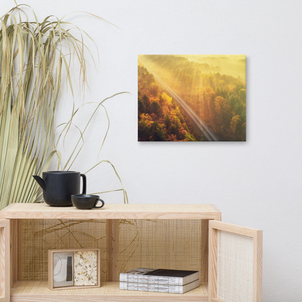 Sunrise Railroad Misty Forest Golden Haze Landscape Photo Canvas Art Print, 16" X 20"