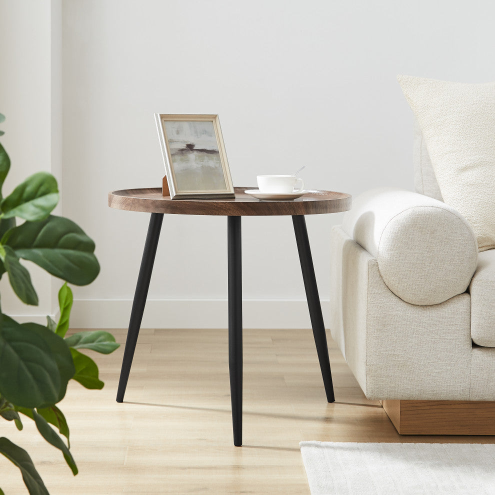 Danya B. Paxton Side Table With Modern Black Metal Taper Legs Round Walnut