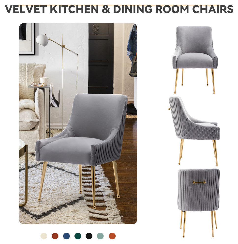 Glam Pleated Velvet Dining Chair Set of 2, Tufted Side Accent Kitchen Chair, Gray