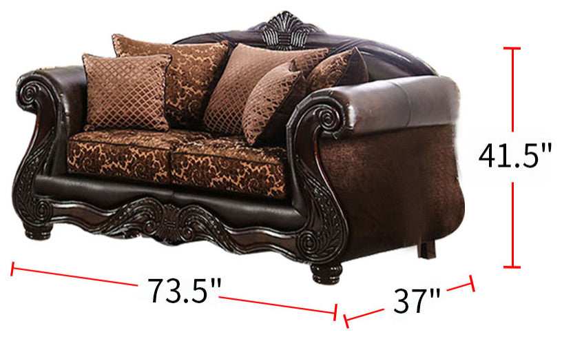 Chenille Loveseat with Intricate Wood Trim Design, Brown