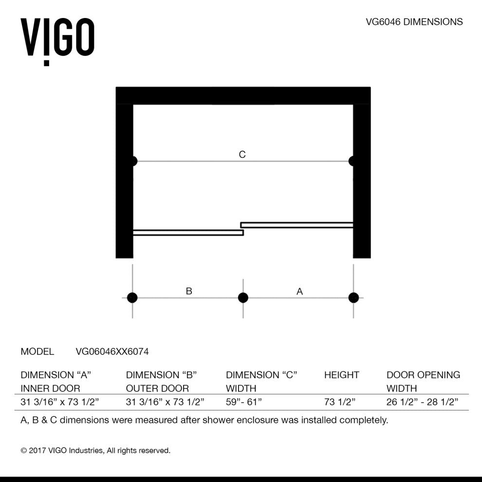 VIGO Caspian 59" to 61" W x 74" H Frameless Sliding Shower Door, Chrome, Clear Glass