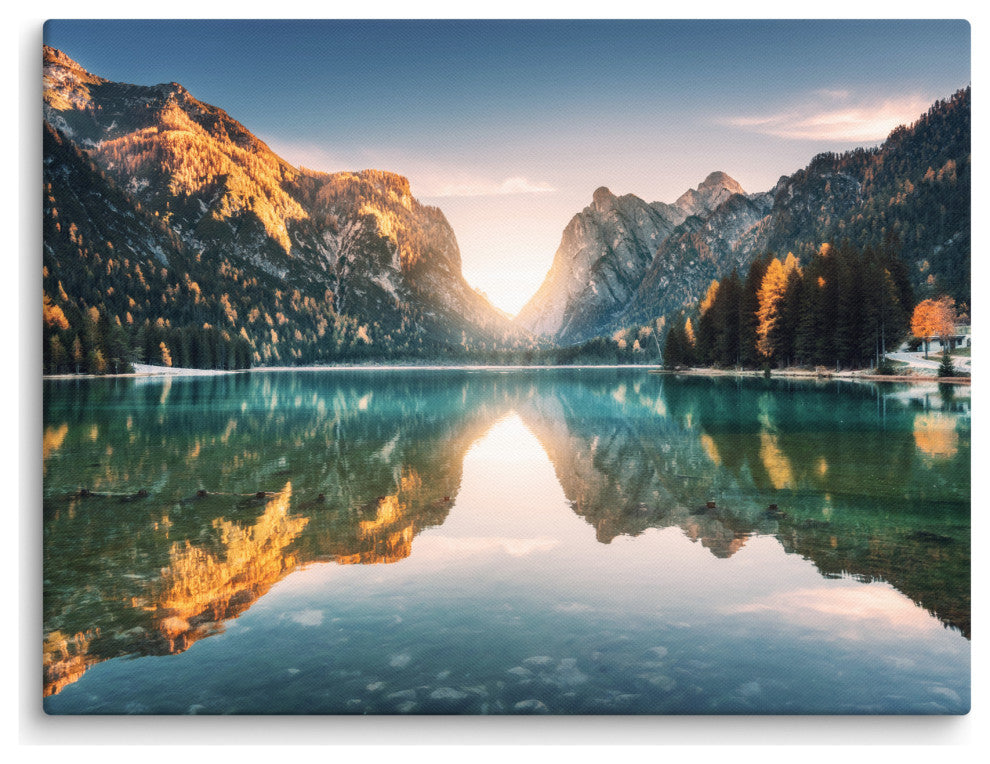 Sunrise Misty Mountain Lake Lively Color Landscape Photo Canvas Art Print, 18" X 24"