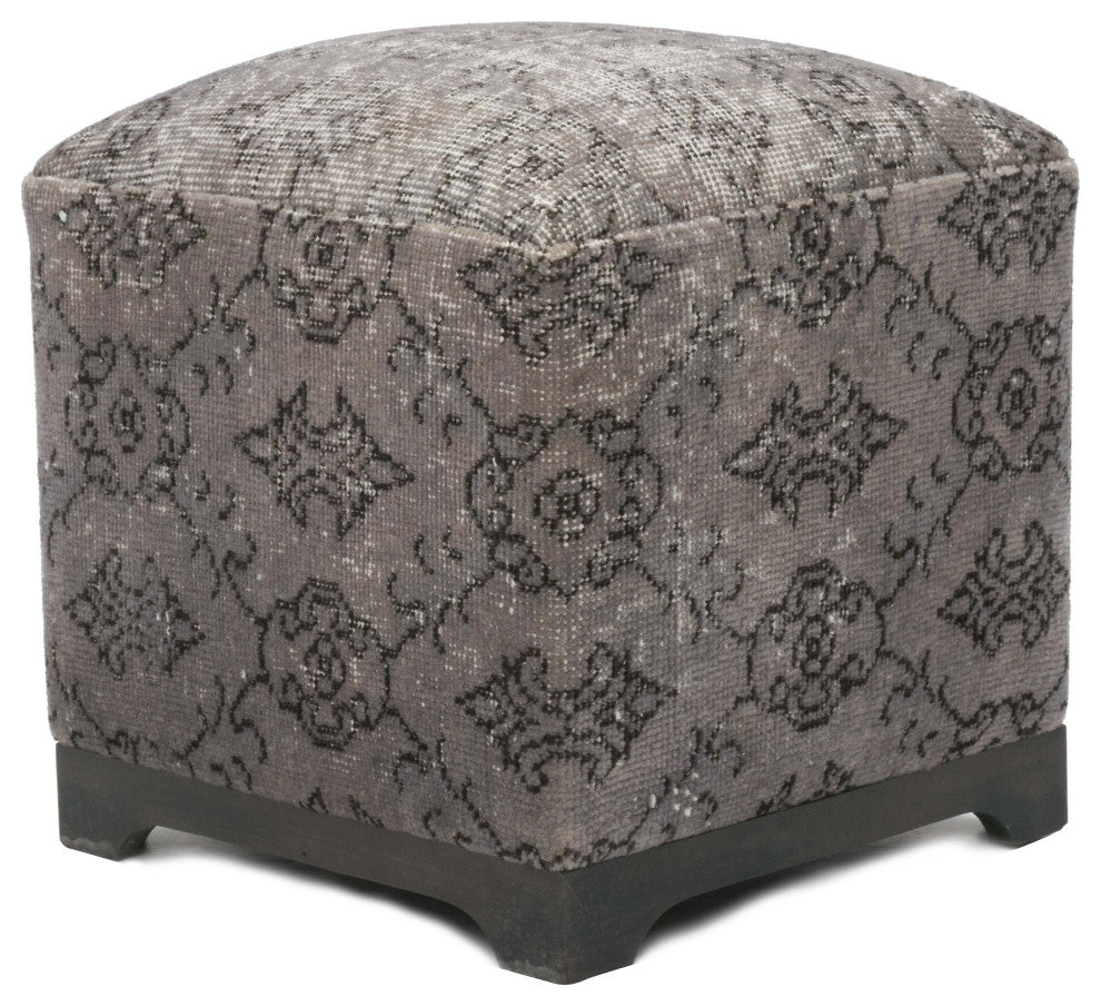 Vintage Wool Rug Upholstered Cube Ottoman