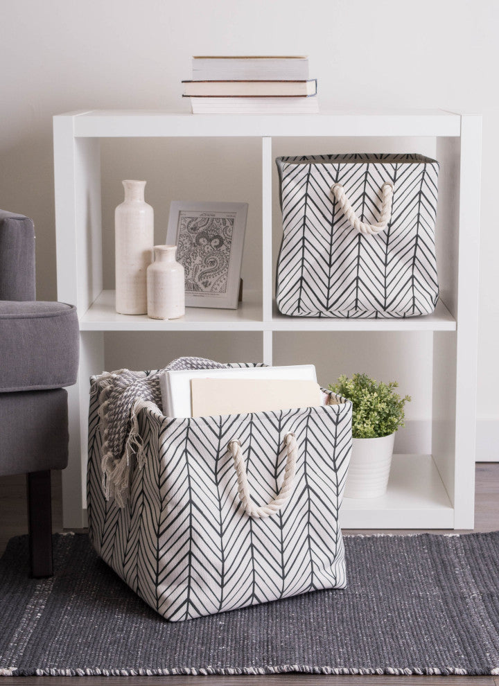 Polyester Bin Herringbone Off White Rectangle Medium 16"x10"x12"