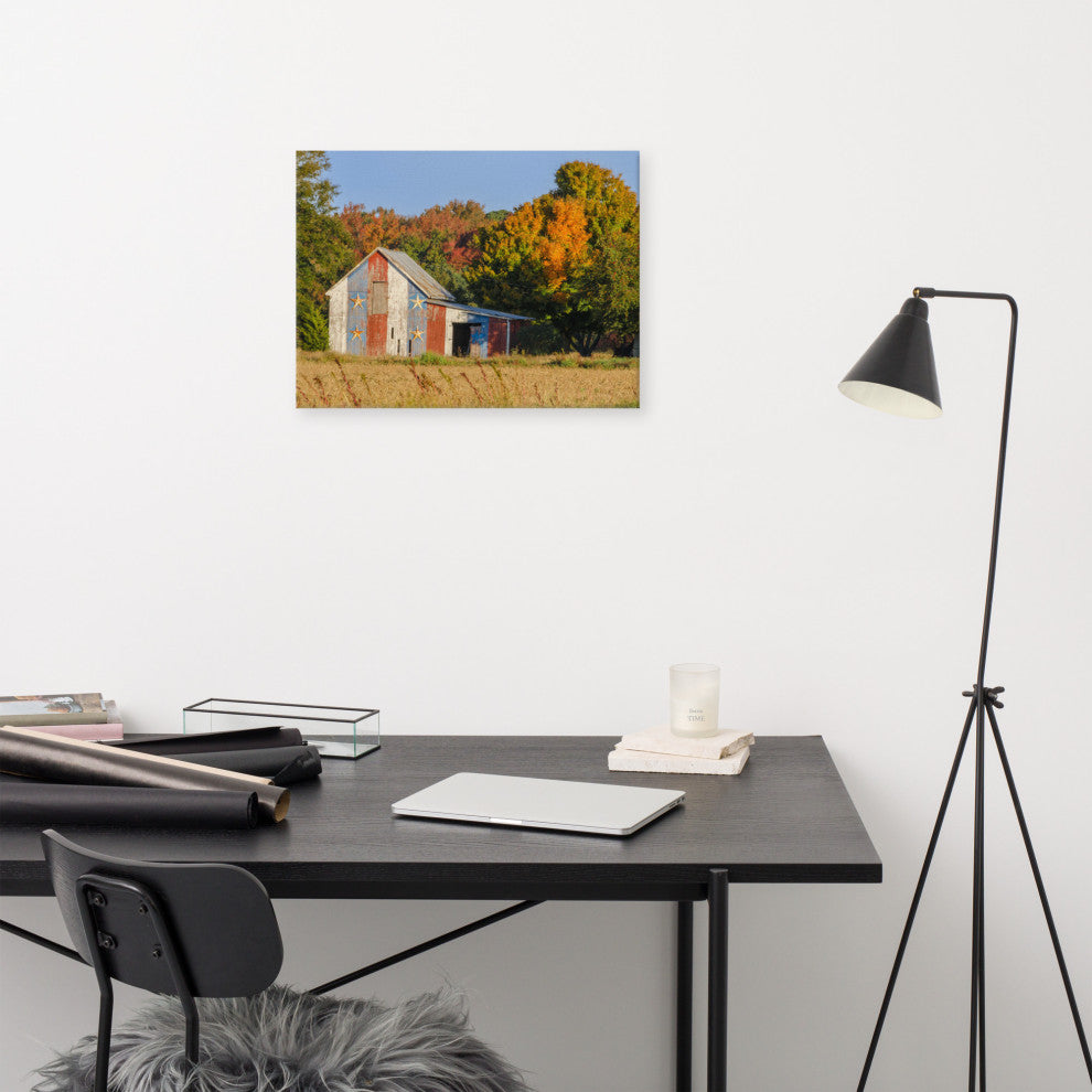 Patriotic Barn in Field Traditional Rural Canvas Wall Art Print, 18" X 24"