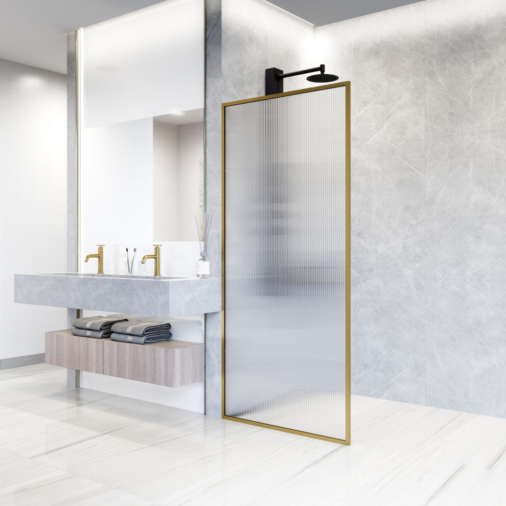 VIGO Meridian Framed Fixed, Matte Brushed Gold, Shower Screen, 34" W X 74" H, Fluted Glass