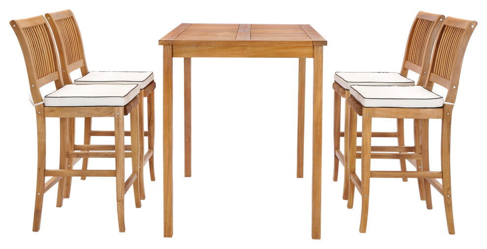 5 Piece Teak Wood Castle 55" Rectangular Patio Bistro Bar Set with 4 Barstools