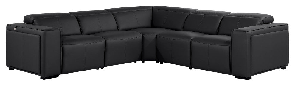 Niccolo Italian Leather 5-Piece L-Shaped Power Reclining Sectional, Black