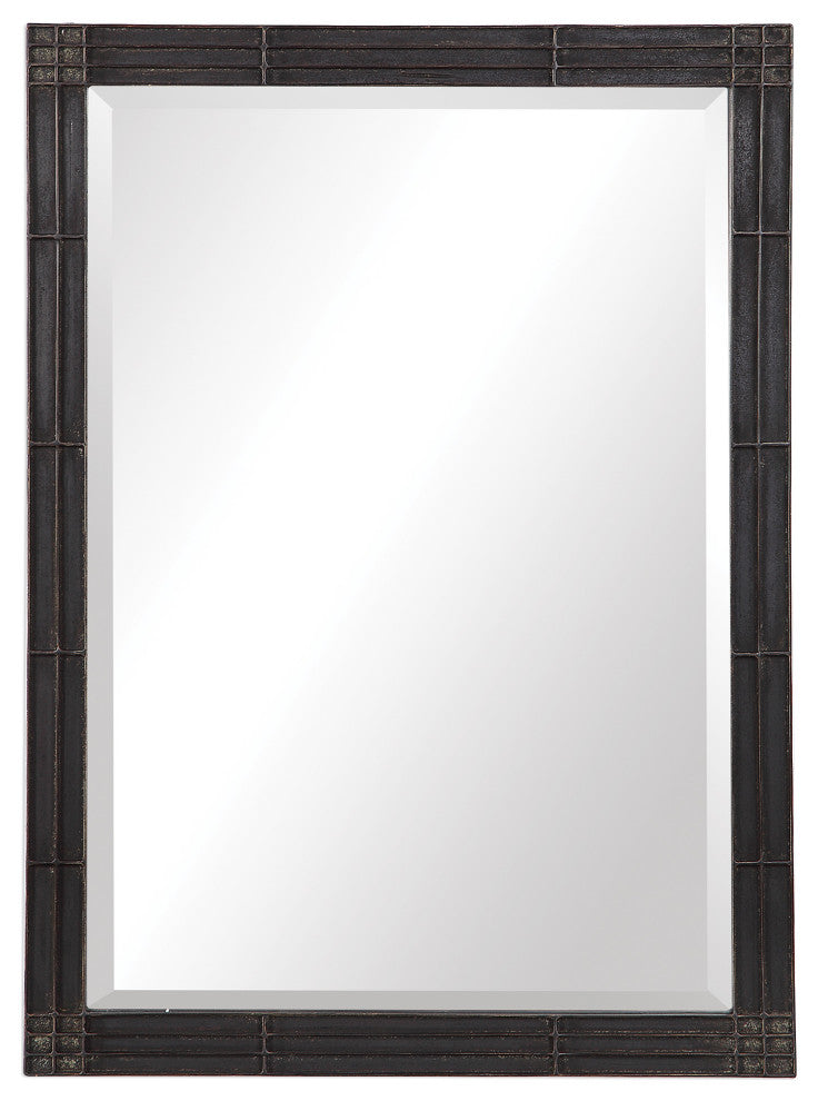 Rustic Black Silver Iron Wall Mirror, 35" Geometric Vanity Metal Minimalist