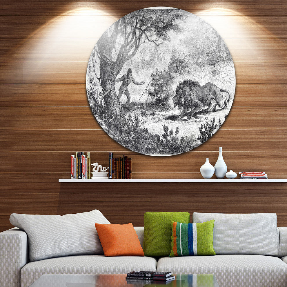 Lion Eating Man, Landscape Animal Round Wall Art, 11"