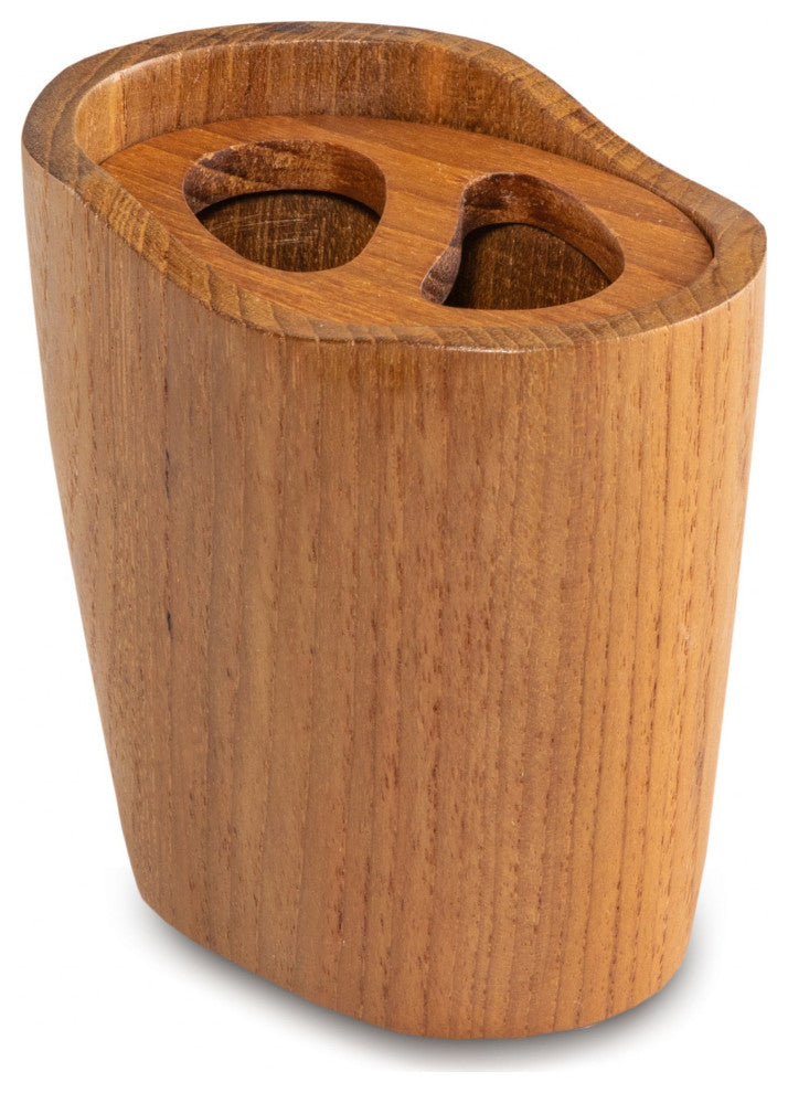 Natural Brown Solid Teak Oval Toothbrush Holder