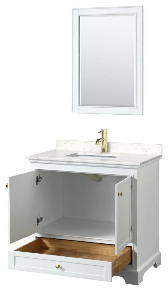 36"SGL Vanity White, Carrara Cult. Marble Countertop, Sink, Gold Trim, 24"Mirror