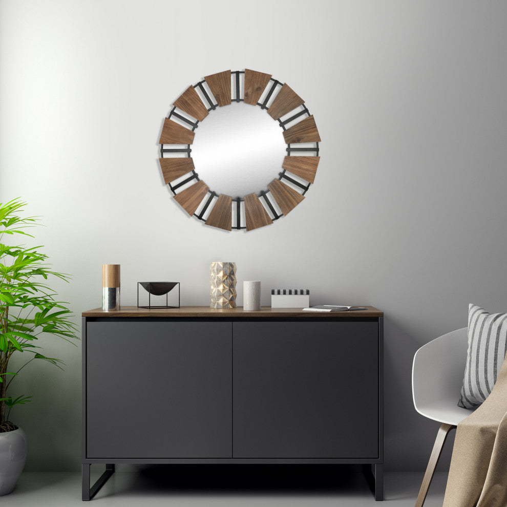 Industrial Chic Wood and Metal Round Wall Mirror