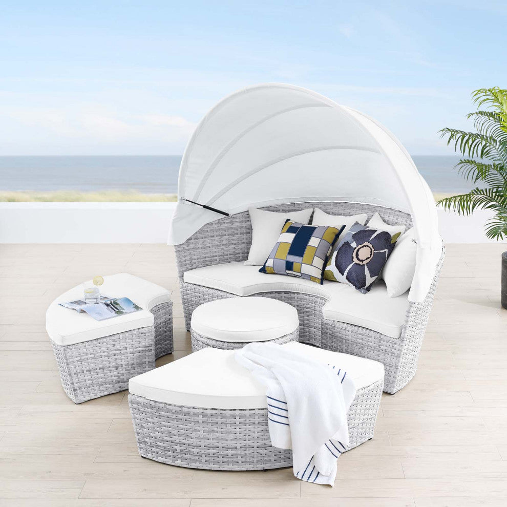 Lounge Daybed Sofa Bed, Gray White, Rattan, Wicker, Modern, Outdoor Patio