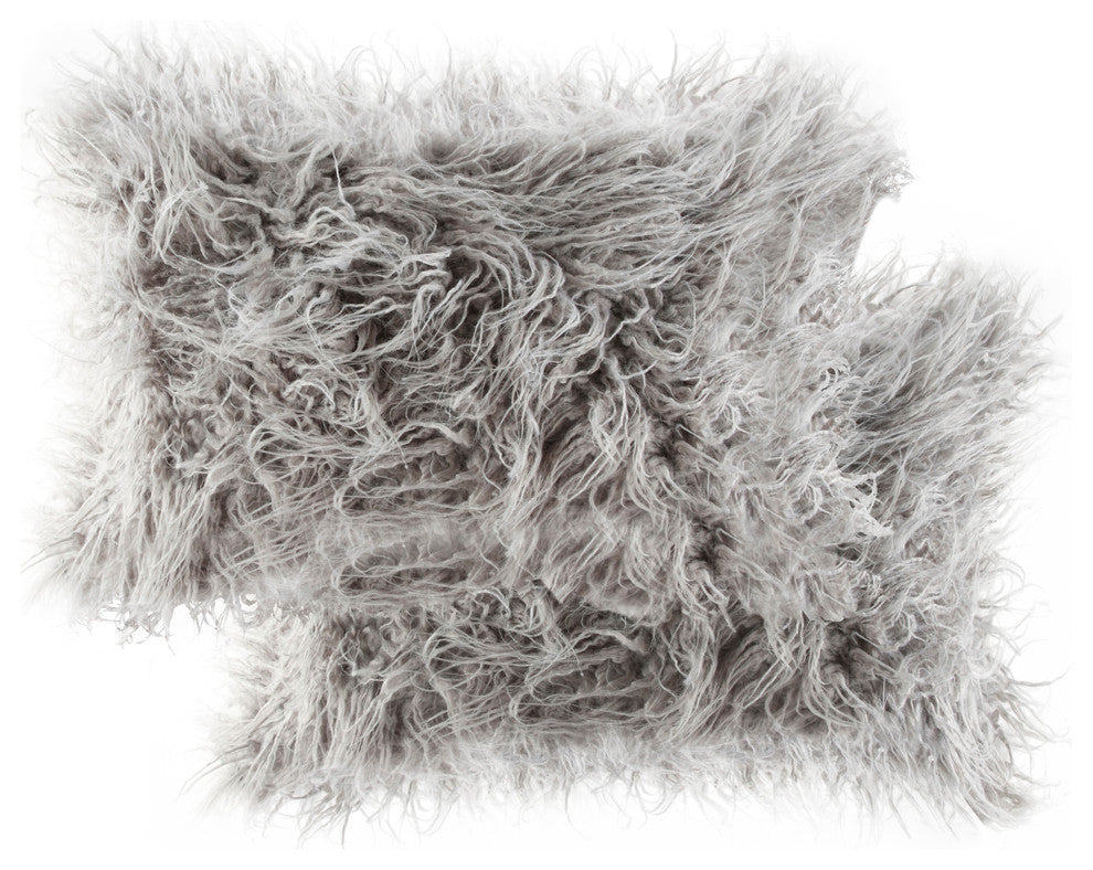 Frisco Mongolian Sheepskin Faux Fur Pillows, Set of 2, Sage Gray, 12"x20"