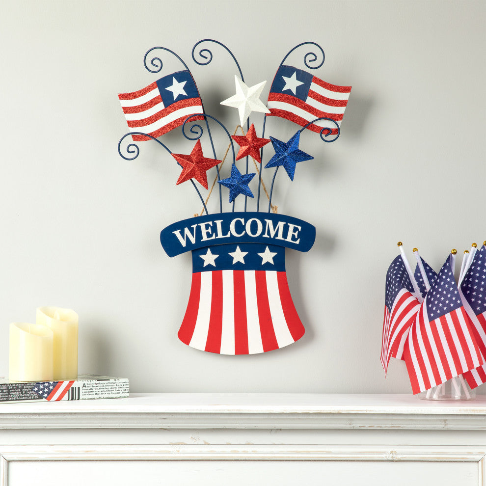 30.25"H Wooden/Metal Patriotic Flags Yard Stake/Wall Decor