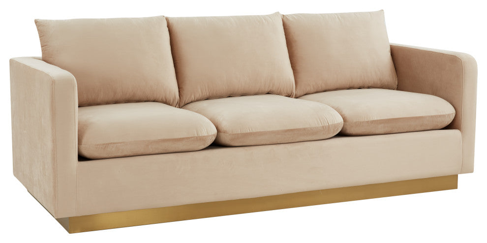 LeisureMod Nervo Modern Velvet Sofa With Gold Base, Beige