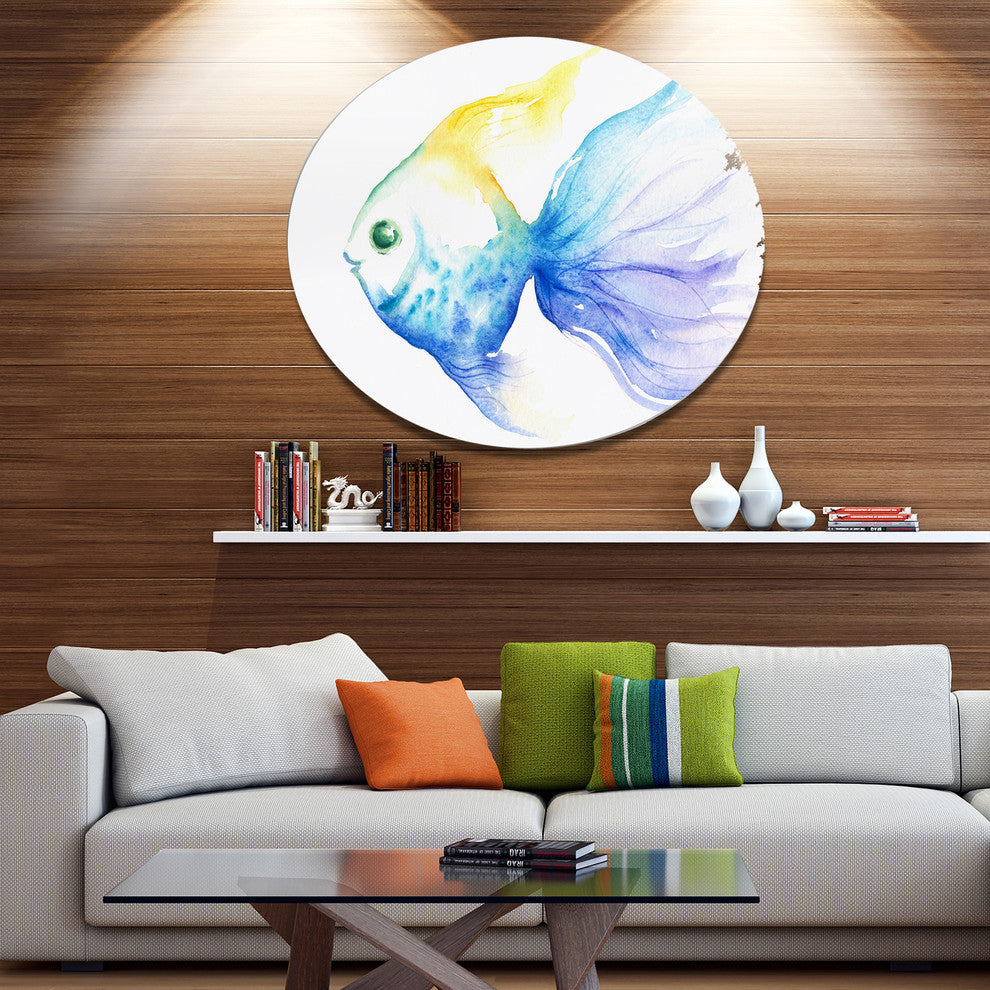 Lovely Blue Fish Watercolor, Animal Round Metal Wall Art, 23"
