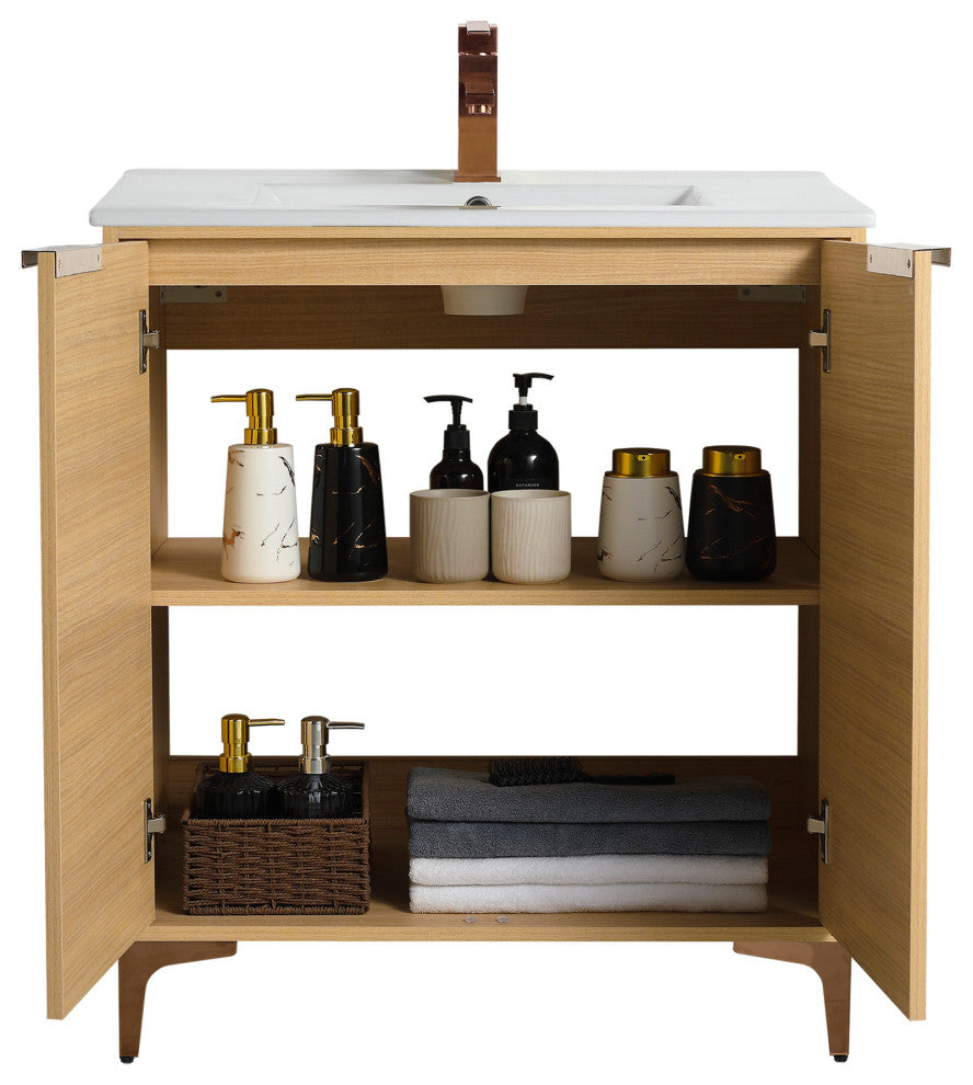 Wilmington Bath Vanity, Natural Oak, 30 Inch, Rose Gold Hardware