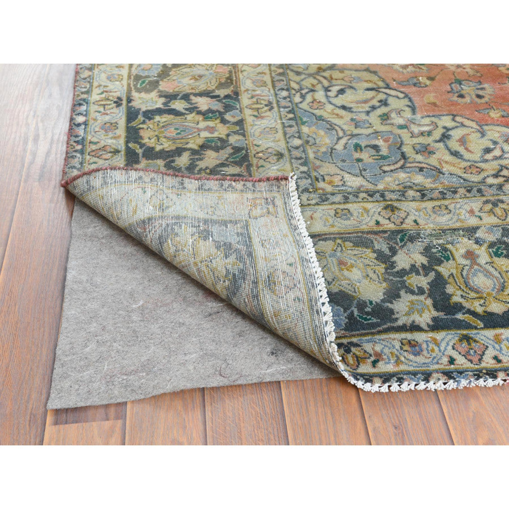 Apricot Color Worn Wool Hand Knotted Vintage Persian Kashan Rug 6'10" x 10'6"