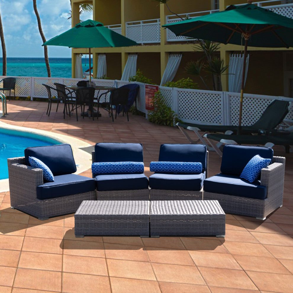 Polyethylene (PE) Wicker 6 Piece Patio Furniture Set, Fully Assembled, Navy Blue
