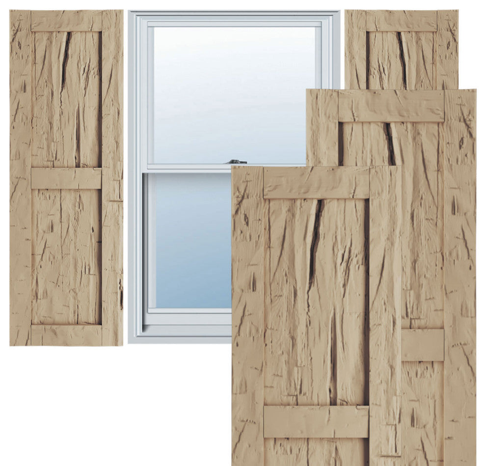 Rustic Two Equal Panel Flat Panel Hand Hewn Faux Wood Shutters (Per Pair)