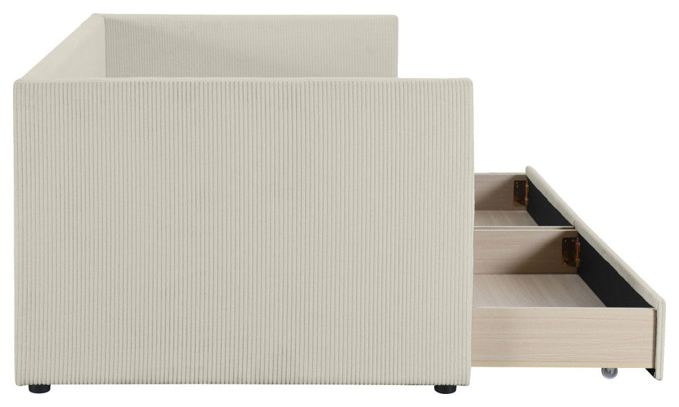 Gewnee Twin Size Corduroy Daybed with Two Drawers and Wood Slat in Beige