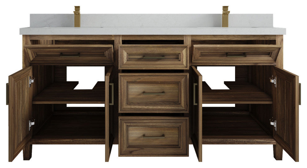 Santa Monica 72 Double Sink Bath Vanity in Graywashed Teak 2" Carrara Quartz