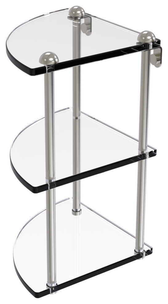 Three Tier Corner Glass Shelf, Satin Nickel