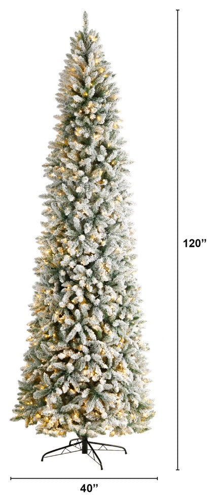 10' Slim Flocked Montreal Fir Artificial Christmas Tree, 800 White LED Lights