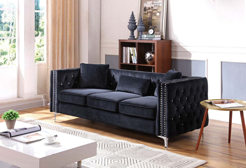 Paige Tufted Velvet Sofa, Black