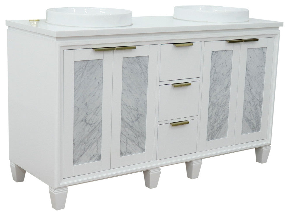 61" Double Sink Vanity, White Finish With Engineered Stone Top And Round Sink