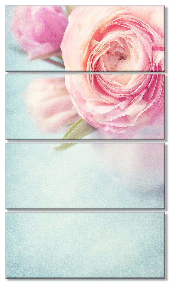 Full Bloom Pink Flowers in Vase, Floral Canvas Art Print, 28"x48", 4 Panels