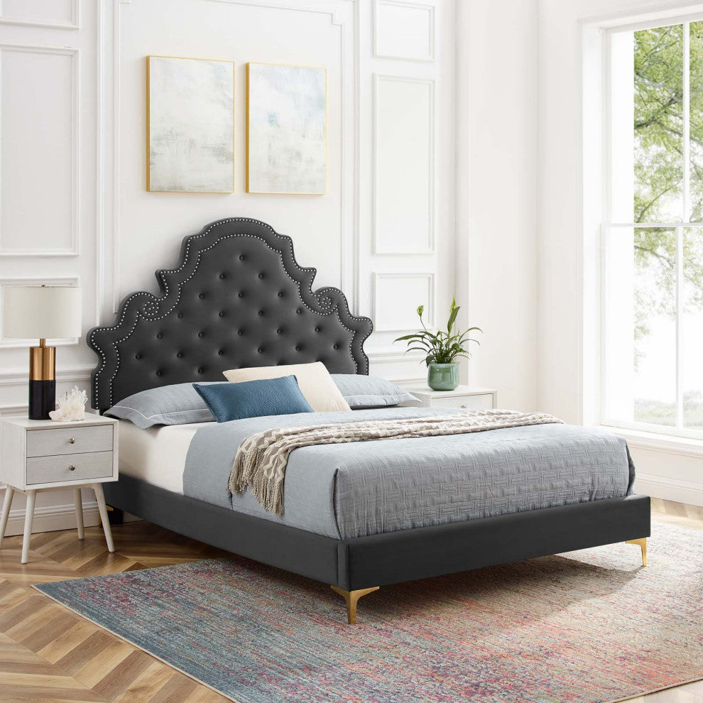 Tufted Platform Bed Frame, Full Size, Velvet, Gray, Modern Contemporary