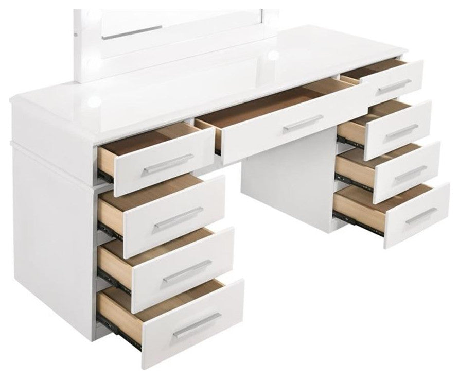 Coaster Felicity 9-drawer Wood Vanity Desk with Lighted Mirror Glossy White