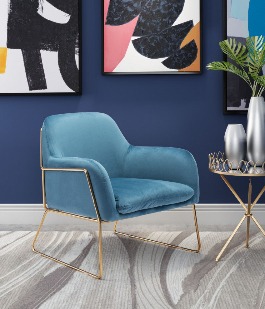 Comfy Square Teal Velvet and Gold Accent Arm Chair