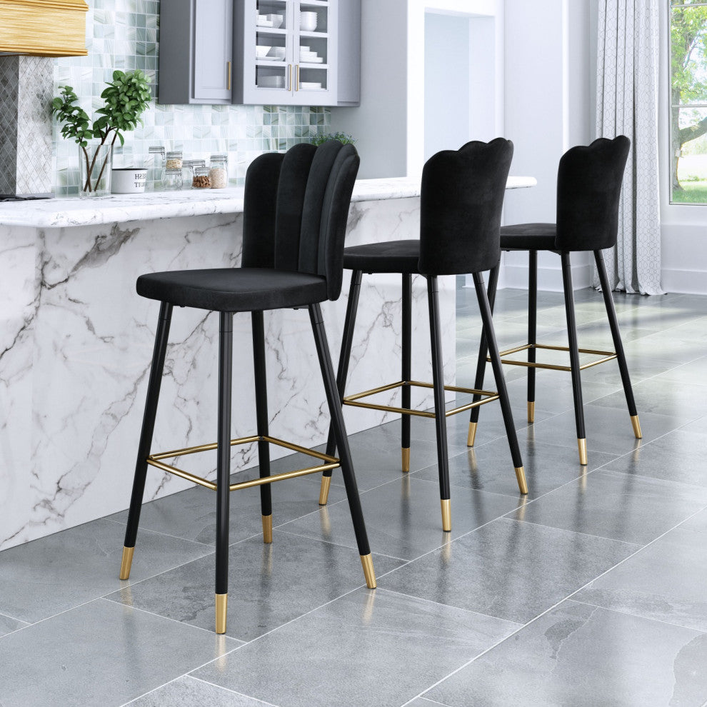 Bar Stool Chair Barstool, Steel Metal, Fabric, Black, Gold, Kitchen Cafe Bistro
