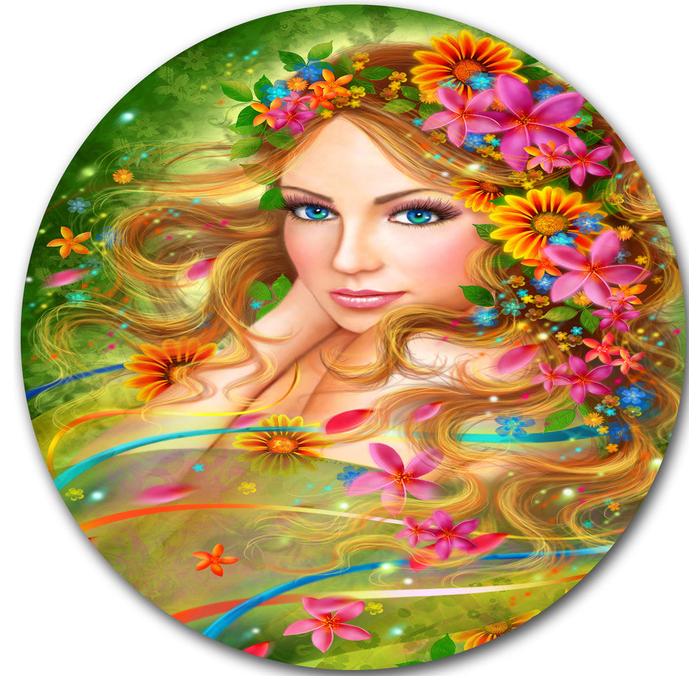 Fairy Woman With Colorful Flowers, Floral Disc Metal Artwork, 11"
