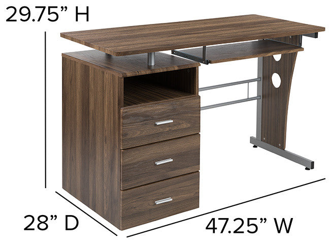 Computer Desk With 3-Drawers and Pull-Out Keyboard Tray, Rustic Walnut