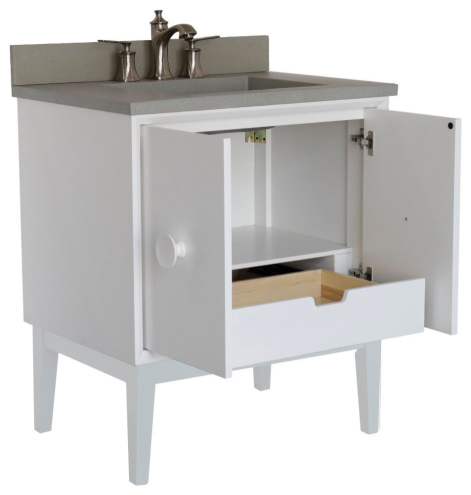 31" Single Vanity, White Finish With Gray Concrete Top And Rectangle Sink