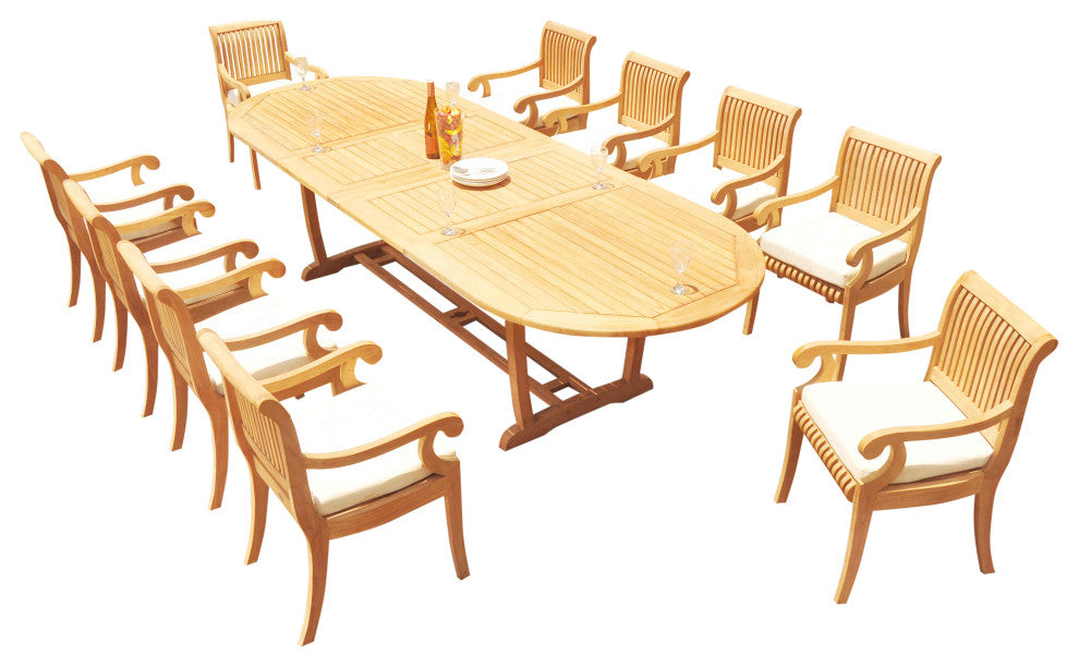 11-Piece Outdoor Teak Dining Set: 117" Masc Extn Oval Table, 10 Giva Arm Chairs