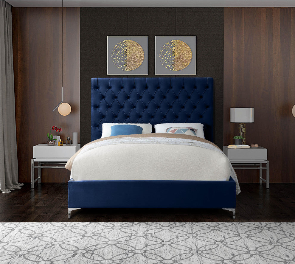 Cruz Velvet Upholstered Bed, Navy, Full