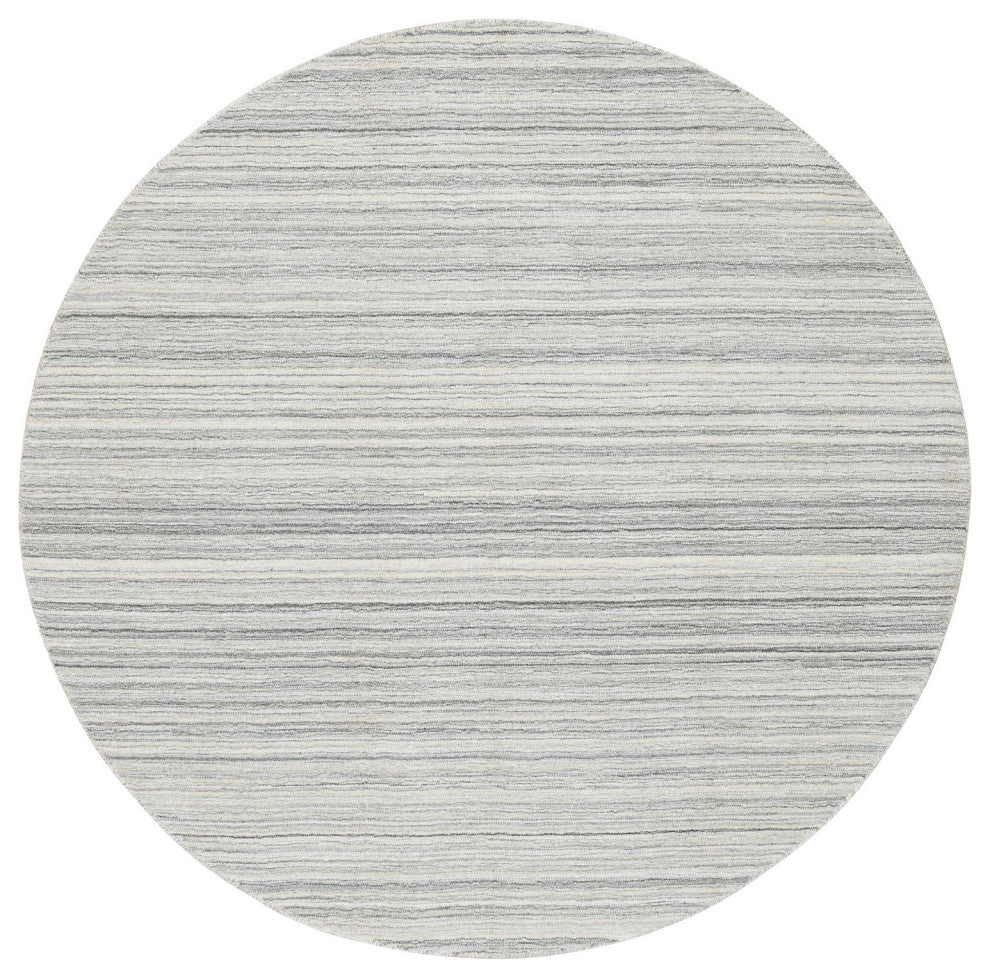 Gray, Hand Loomed, Undyed Natural Wool Modern Design Round Rug, 6'0"x6'0"