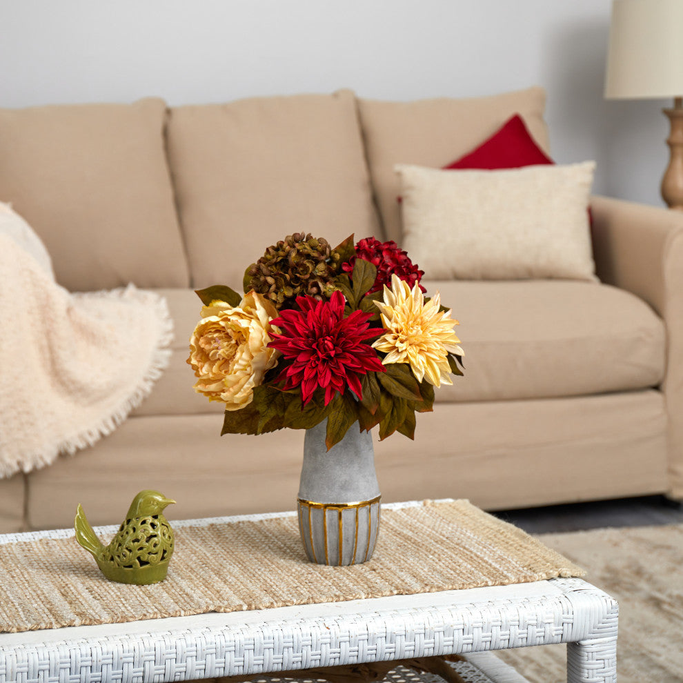 17" Peony, Hydrangea & Dahlia Faux Arrangement, Stoneware Vase W/ Gold Trimming
