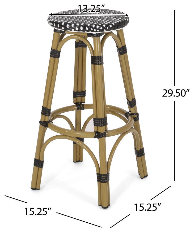 Dohney Outdoor French Aluminum 29.5" Barstools, Set of 4, Black/White/Bamboo Finish