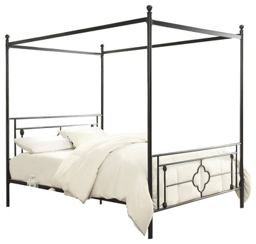 Queen Size Metal Platform Bed with Quatrefoil Pattern, Black